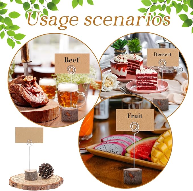 Amyhill Wedding Table Centerpieces 12 Wood Slices 24 Wood Place Card Holders 60 Kraft Place Cards Natural Wooden Table Number Holders Rustic Food Labels Sign Name Card Picture Holder with Swirl Wire