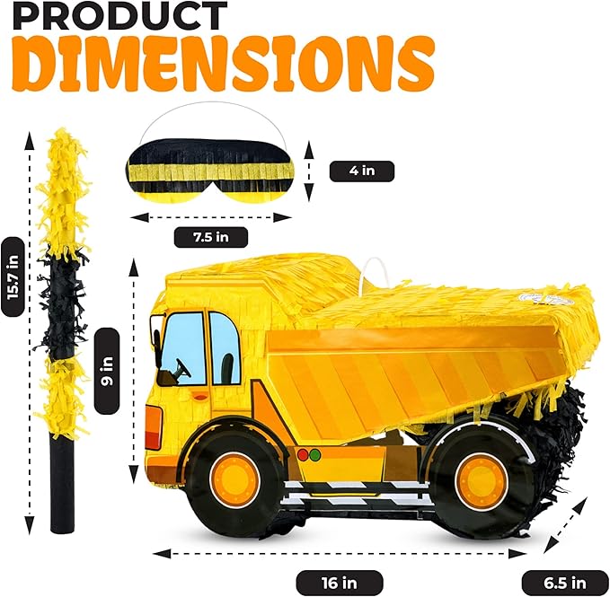Small Dump Truck Pinata Bundle with a Blindfold and Bat(16 x 9 x 6.5 Inches), Kids Excavator Pinata for Construction Birthday Parties, Boys Birthday Party Supplies