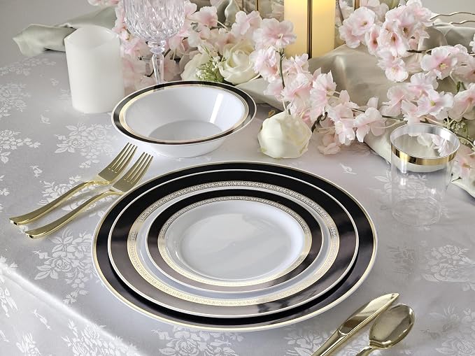 OCCASIONS 240 Fancy Black Gold Disposable Plastic Plates for 120 Guests, Heavy Duty Dinnerware, Looks Like Real China, Wedding Party, 10.5" Dinner + 7.5" Salad/Dessert, BPA-Free (Ritz Black and Gold)