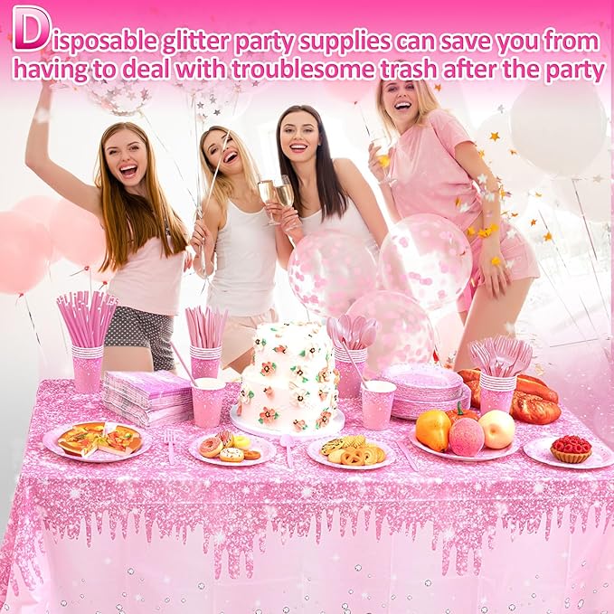 Funnymoom 452 Pcs Pink Birthday Party Decoration Include Light Pink Glitter Paper Plates Napkins Cups Tablecloth Cutlery Straws Diamond Tableware for Wedding Baby Shower Graduation Party Supplies