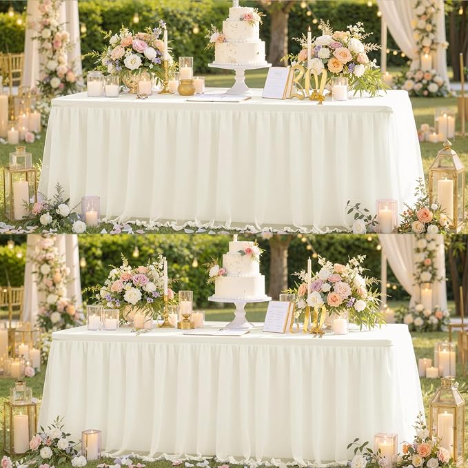 leegleri 2 pk 6ft Ivory Tulle Tablecloth for Rectangle Tables, 2-in-1 Cream Table Covers with Tulle Skirt,Wrinkle Free Stretchy Ruffle Tulle Table Cloths Fitted for Wedding Party Banquet Vendor
