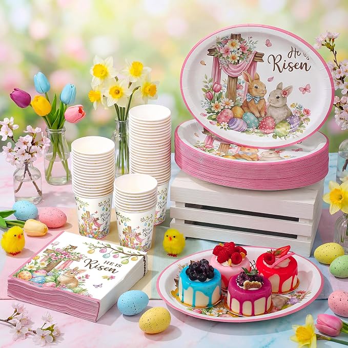 Vesici 150 Pcs He is Risen Oval Paper Plates and Napkins Christian Easter Tableware Set 10'' x 12'' Large Disposable Heavy Duty Religious Easter Plates Cross Paper Cups Napkin for Jesus Party Supplies