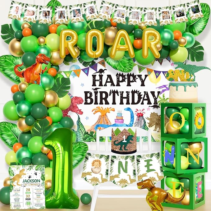 Hombae One a Saurus Birthday Decorations, Dinosaur 1st Party for One Year Old Boy Backdrop Balloon Garland Leaves Monthly Photo Highchair Banner Box Cutout Cake Topper Crown Poster 139 PCs