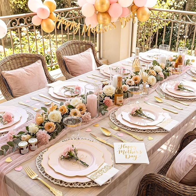 NOCCUR 175PCS Pink Plates with Gold Disposable Silverware - Include 50 Pink Plastic Plates,25 Knives,25 Forks,25 Spoons,25 Cups and 25 Napkins - Ideal for Party/Wedding/Mother's Day