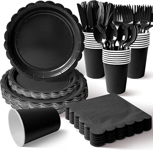 Vyntra 350 Pcs Black Disposable Paper Plates and Napkins Set for 50, 9" Dinner Plates & 7" Dessert Plates, Tableware for Birthday, Graduation, Wedding, Party