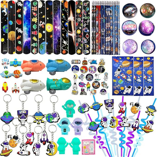 152PCS Space Party Favors Set, Outer Space Birthday Decorations Including Slap Bracelets, Keychains, Gift Bags, DIY Stickers, Drinking Straws, Alien Birthday Supplies