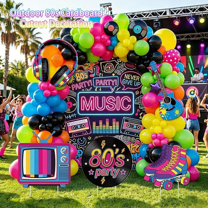 5Pcs 80s Party Decorations, Large Retro Disco Theme Cardboard Cutouts Guitar Headphone Roller Skates Vintage 80s Yard Sign for Neon Hip Hop Music Birthday Indoor Outdoor Photo Props Backdrop