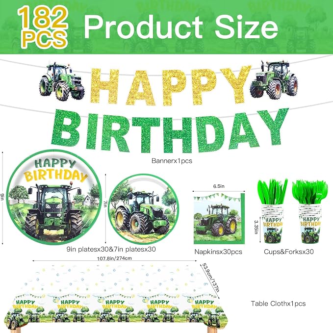 182pcs Tractor Birthday Decorations,Green Farm Party Tableware Set Includes Plates and Napkins,Cups,forks,knives,banner,Tablecloth,for Tractor Birthday Party Supplies,Serve 30
