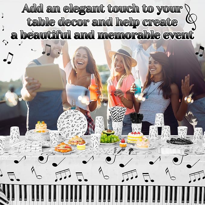 Potchen 452 Pcs Party Supplies Serve 50 Guests, Paper Plates Napkins Cups Cutlery Plastic Tablecloth Dinnerware for Birthday Wedding Party Decoration (White Black, Music Notes)