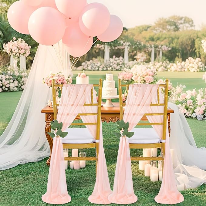 QueenDream Blush Chair Sashes Wedding Aisle Decorations: 16 Packs Tulle Draping Fabric Sheer Church Chair Cover Bulk for Baby Shower Party Banquet