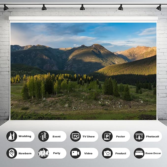 Mountain Forests Backdrop Snow-Capped Green Meadows and Trees Photography Background Sunset Alpine Scene Mountains View Natural Landscape Background Outdoor Birthday Portrait Backdrop Props 15x10ft