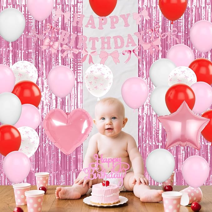 Cherry Birthday Decorations for Girl, Pink White Red Bows Balloons with 'HAPPY BIRTHDAY' Banner Fringe Curtains Heart Foil Balloons Cake Topper for Women Girls Birthday Party Decor