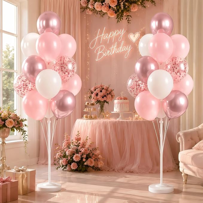 Balloon Column Stand Kit with 10inch Metallic Pink Confetti Balloons, Base&Pole,Balloon Column Kit for Floor&Table Decoration for Party Wedding Bridal Baby Shower Birthday