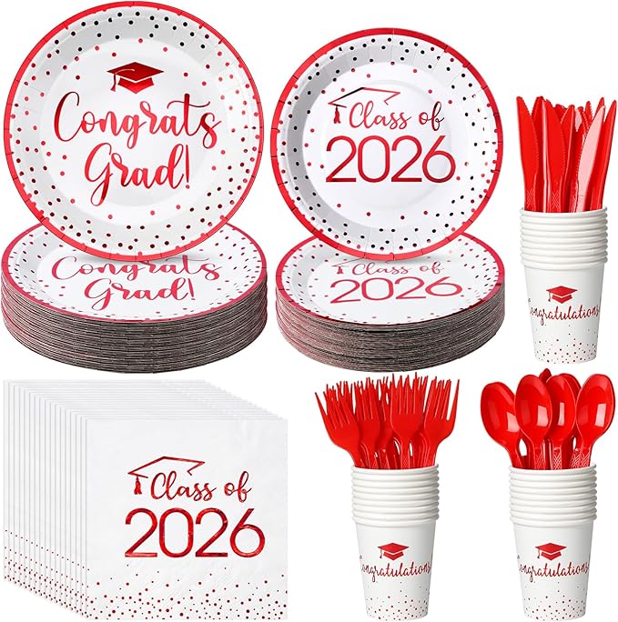 175pcs Class of 2026 Graduation Plates and Napkins Set, Disposable Paper Plate Set Polka Dots Napkins Cups Knife Fork Spoon for Graduation Party Decorations and Supplies,Serve 25 (White Red)