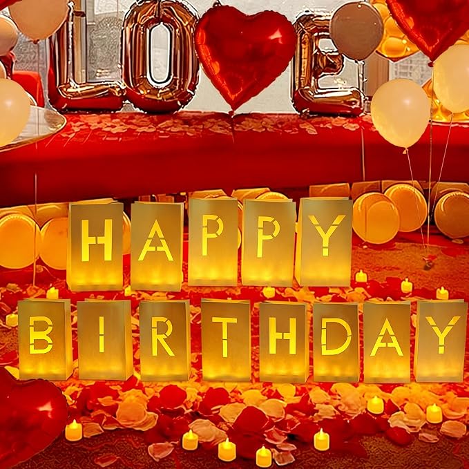Happy Birthday Light Up Letters, Rose Petals LED Tea Lights Candles Latex Foil Balloons, Paper Luminary Bags for Men Women Birthday Party Decorations