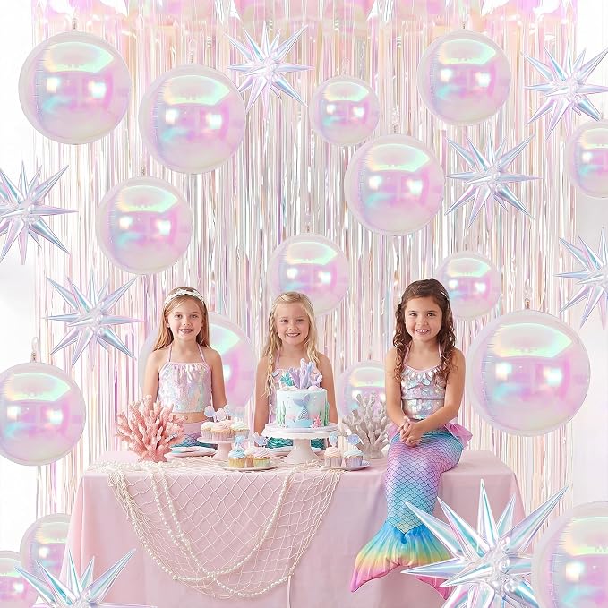 Seenelling 24 Pcs Iridescent Party Decoration Set 22'' 4D Star Ball Balloons White Shiny Metallic Tinsel Foil Fringe Curtain Backdrop for Mermaid Wedding Engagement Princess Bachelorette Unicorn Party