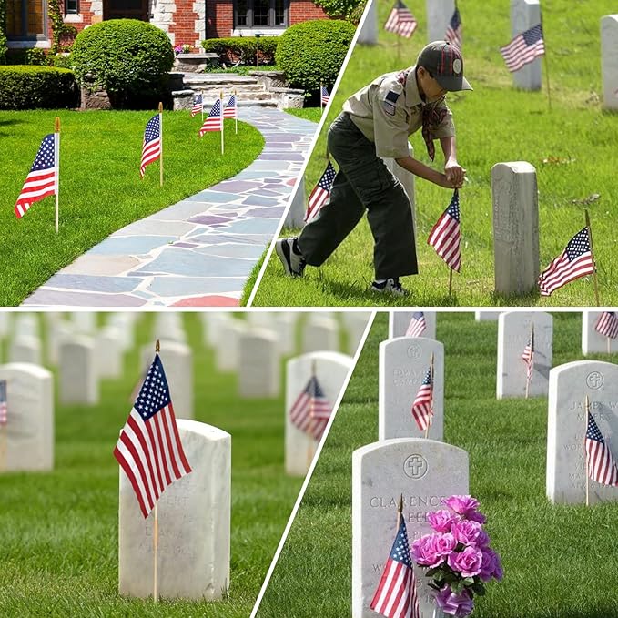 12x18 Inch 12Pcs American Flags with Spear Top on Stick, 250 Anniversary USA Flag, American Hand Held Flag for Memorial Day, Fourth of July, Outdoor Decorations