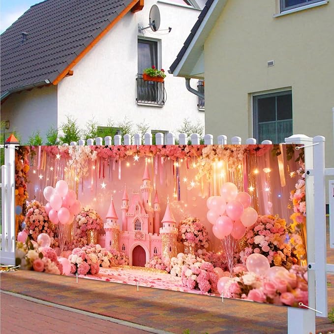 Valentine‘s Day Romantic Floral Garage Door Banner 7x16ft Waterproof -Pink Balloon Backdrop for Mother's Day, Wedding & Anniversary,Photo Booth Background Wall Decor