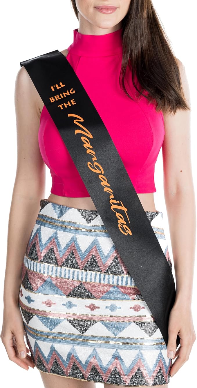 Funky Junque Bridal Sash Bachelorette Party Bridal Shower Gift - I'll Bring The - Margaritas (Black/Neon Orange)