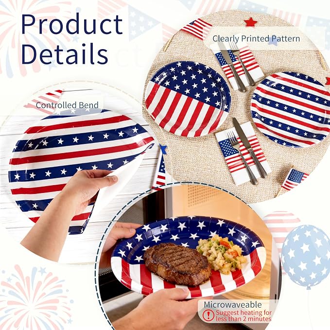 OuMuaMua 100Pcs Heavy Duty Patriotic Party Plates Supplies, American Flag Oval Disposable Paper Plates and Napkins for 4th of July Independence Day, Veterans Day, Election Day Party Decorations