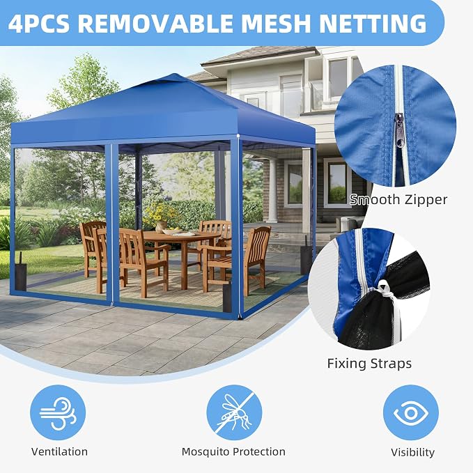 GDY 10x10 Pop up Canopy Tent with Mosquito Netting, Easy up Gazebo for Patio, Camping and Garden, Includes 4 Sandbags, Blue