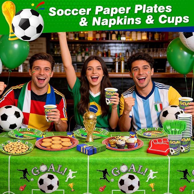 251PCS Soccer Party Decorations Serve 50 World Cup 2026 Soccer Ball Birthday Plates and Napkins Cups Tablecloth Party Supplies Disposable Party Favors Football Sports Theme Tableware Set