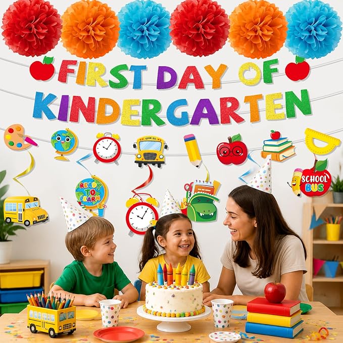 First Day of Kindergarten Decorations - 15PCS First Day of Kindergarten Party Banners Hanging Swirls Paper Pompoms Decor, Back to School Classroom Decor Supplies