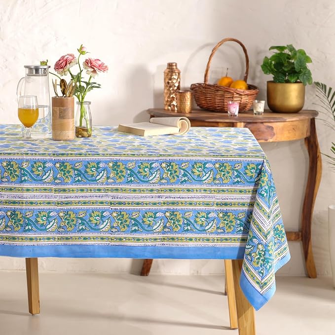 Hand Block Printed Tablecloth, Colorful Floral Print, Indian Artisan Handmade Art, Dining Room, Kitchen, Outdoor Décor, (Dusky Leaf Whisper, 8 Seater 72 x 108 Inches Rectangle)