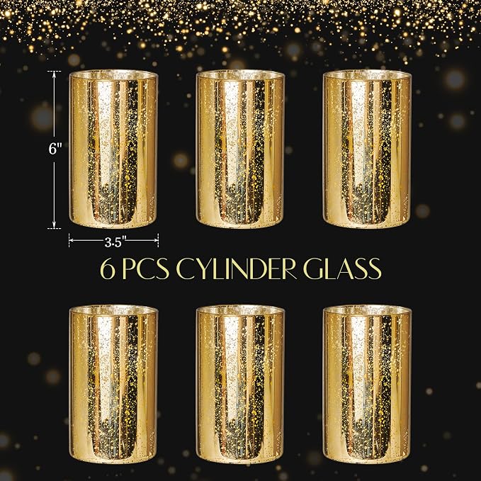 Willceka Gold Candle Holder Hurricane Candle Cylinder Vases for Centerpieces Set of 6 for Wedding Table Centerpiece
