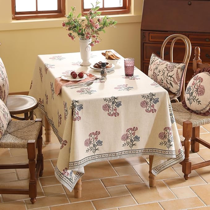 ISAENNE Designer French Linen Square Small Tablecloth,55"x55"-Helena E | Vintage Elegant Beautiful Table Cloth for Square Table,Floral Pattern,Heavyweight,Dining Room,Kitchen,Thanksgiving,Decor