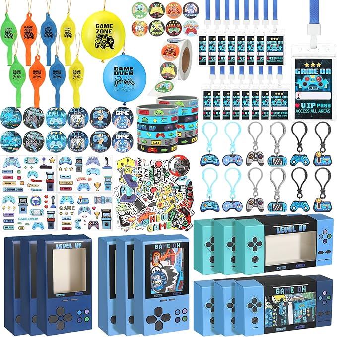 147 Pcs Video Game Party Favors for Kids Gamer Goodie Bag Stuffers Gaming Birthday Party Supplies with Gift Boxes, VIP Pass, Balloons, Bracelets, Keychains, Badges, 3D Stickers (Blue)