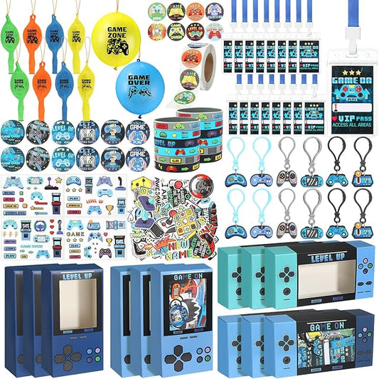 147 Pcs Video Game Party Favors for Kids Gamer Goodie Bag Stuffers Gaming Birthday Party Supplies with Gift Boxes, VIP Pass, Balloons, Bracelets, Keychains, Badges, 3D Stickers (Blue)