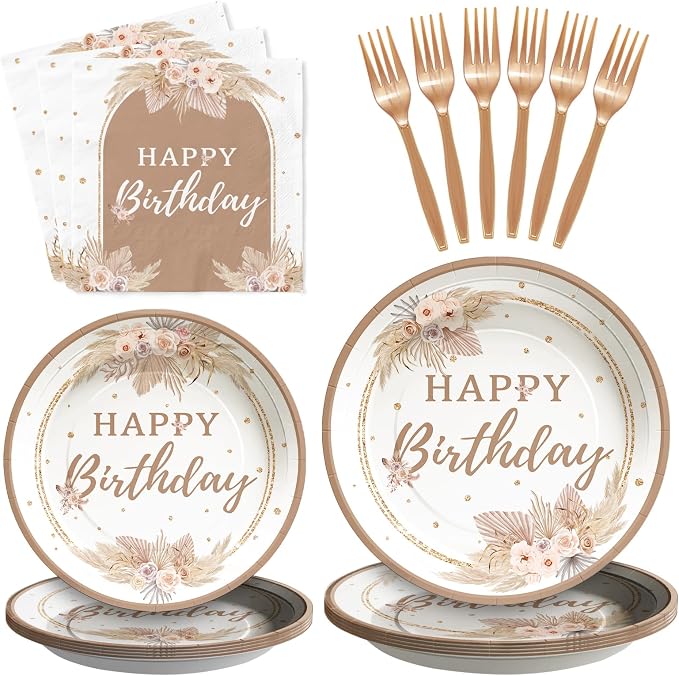 Grencian 96PCS Boho Birthday Party Decorations Boho Birthday Plates and Napkins Disposable Bohemian Pampas Grass Floral Paper Tableware Set for Girls Women Happy Birth-day Party Supplies, Serves 24