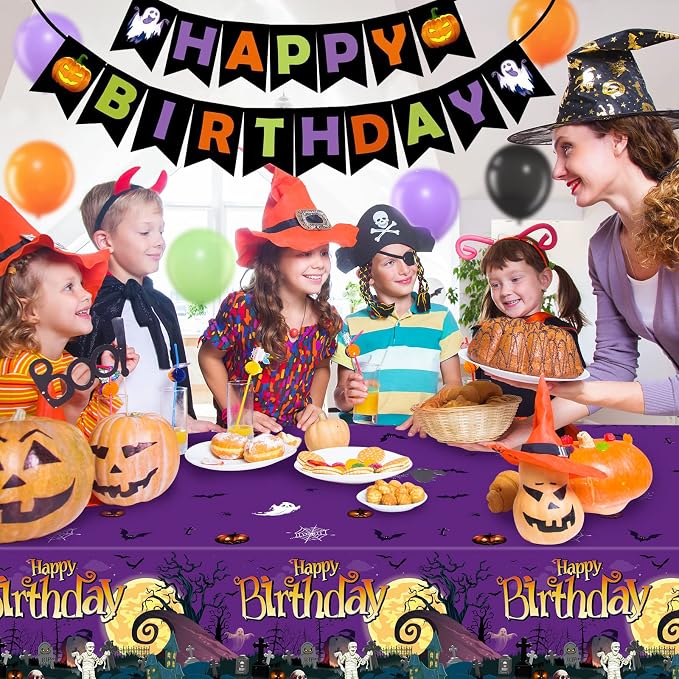 Halloween Birthday Party Decorations, 102 Pcs Halloween Happy Birthday Banner, Confetti Pumpkin Cat Bat Balloon Arch Foil Fringe Curtain and Tablecloth for Kids Party Supplies