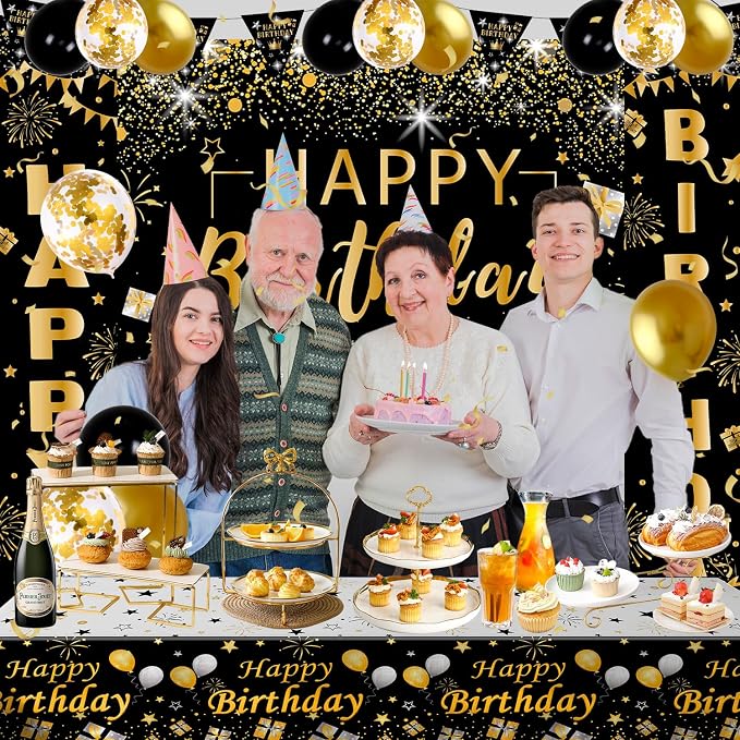 Black and Gold Birthday Decorations for Men Women | Black and Gold Party Decorations with Backdrop, Tablecloth, Confetti Balloons, Banner, Balloon Arch Kit for Birthday Party