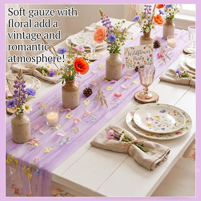 Lounsweer 3 Pcs Purple Wildflower Table Runner 10ft Embroidery Tulle Spring Floral Table Runner Seasonal Summer Butterfly Kitchen Dining Gauze Decoration for Wedding Baby Shower Birthday Party