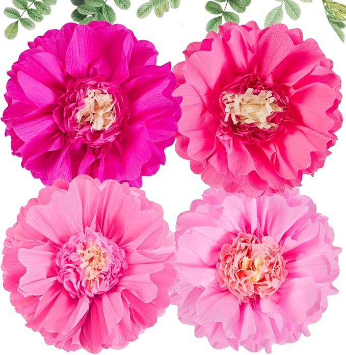 SUNBEAUTY 20" Giant Pink Paper Flowers 4 PCS Large Crepe Tissue Paper Flowers Pink Party Decorations for Girl Women Birthday Spring Garden Wedding Flower Backdrop Wall Bridal Shower Nursery