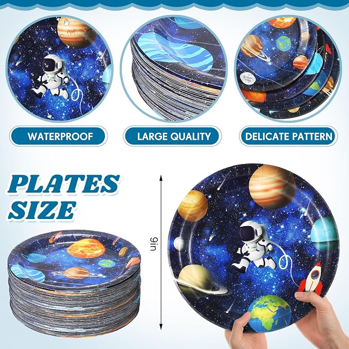 Funnymoom 60 Pcs Space Theme Party Decorations 9 Inch Astronaut Outer Space Paper Plates Solar System Birthday Party Supplies for Kids Galaxy Planet Rocket Ship Theme Decoration
