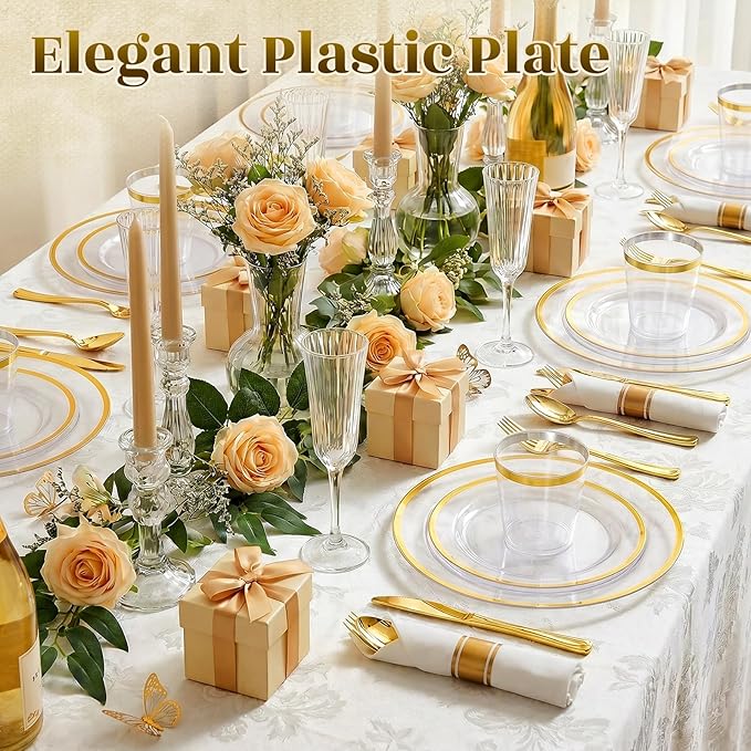 175pcs Plastic Dinnerware Set Clear & Gold | Disposable Plastic Plates for 25 Guests Include 50 Plastic Plates,25 Cups & 25 Pre Rolled Napkins with Cutlery Set for Party