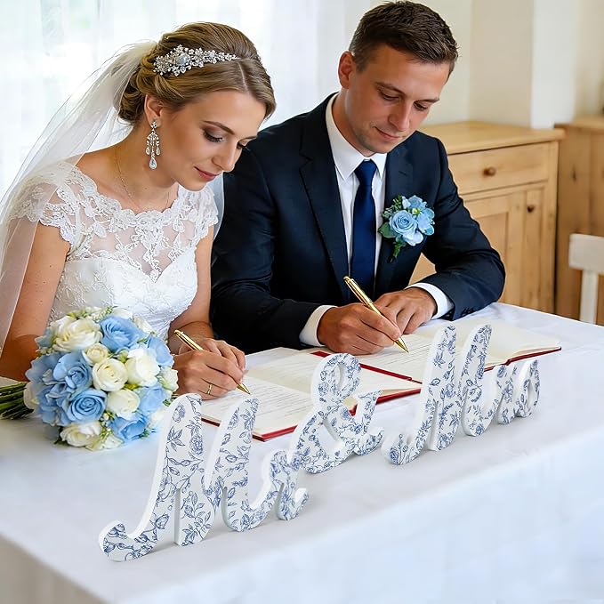 Mr & Mrs Sign for Wedding Table Blue Floral Wedding Decorations for Reception Rustic Wooden Freestanding Letters Table Centerpieces Wooden Photo Booth Props for Wedding Bridal Anniversary Supplies