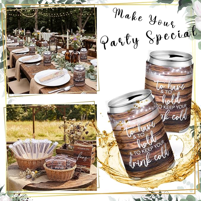 Hoteam 25 Sets Rustic Wedding Favors for Guests Bulk Including Brown Can Cooler and Paper Folding Fans with Wedding Decor Table Sign Cheers to Love for Bridal Shower Party Souvenir
