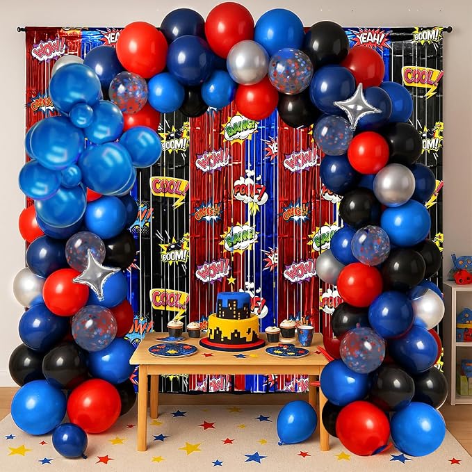 Black Red Blue Balloon Garland Arch Kit Birthday Party Decorations, Hero Foil Fringe Curtains Backdrop Tinsel Streamer Photo Booth Props for Hero Party Decor Supplies Favors