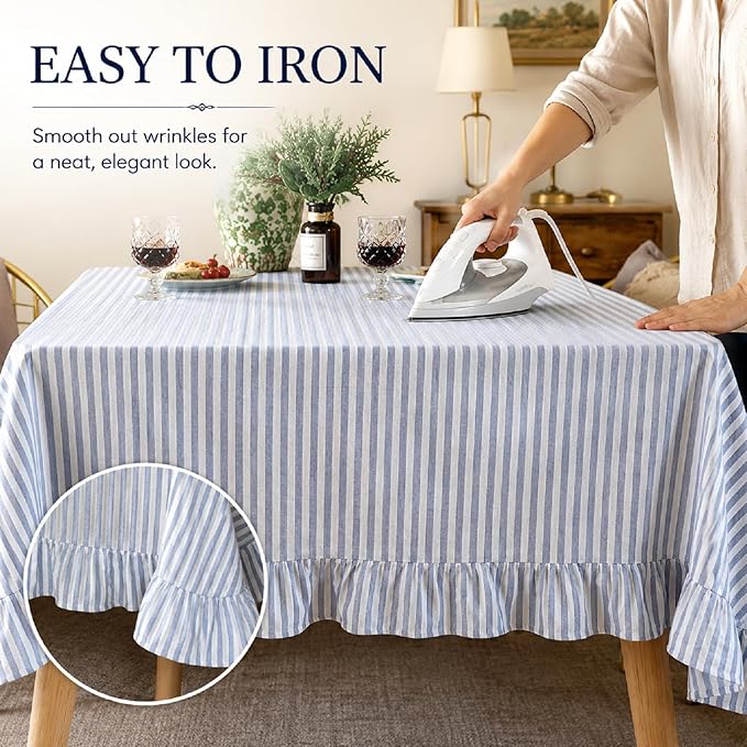 Boao Cotton 60 x 120 Inch Farmhouse Ruffle Tablecloth Blue White Striped Flounces Trim Table Cover for Rectangle Table Kitchen Party Wedding Decor
