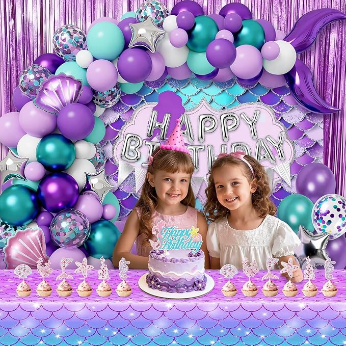 Mermaid Birthday Party Decorations Supplies Includes Banner, Backdrop, Foil & Latex Balloons, Tablecloth, Foil Fringe Curtain, Cake & Cupcake Toppers for Girls Women Under The Sea Theme Party