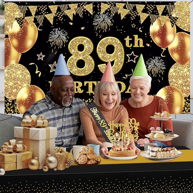 89th Birthday Decorations Men Women with 89th Birthday Banner, Black and Gold Table Cloth, Number Balloons, Sash, Cake Topper and Candles