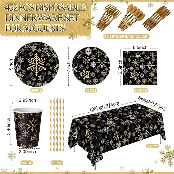 Funnymoom 452 Pcs Christmas Snowflake Party Supplies Black Gold and Sliver Snowflake Paper Plates and Napkins Cups Tablecloth Cutlery Straws for 50 Guests Winter Xmas Birthday Party Decoration