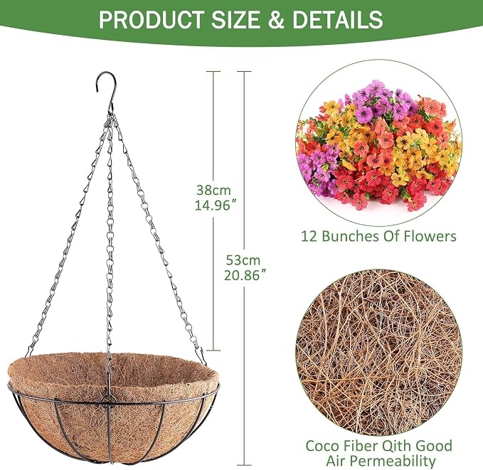 AGIRL 2 Set Artificial Hanging Flowers with Baskets for Outdoors,UV Resistant Fake Hanging Plants for Outdoor Porch Patio Garden, Realistic Silk Flowers for Spring Summer Home Decor