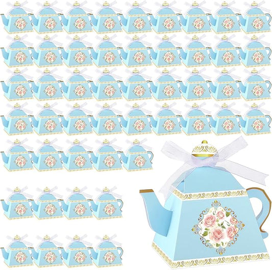 Fuutreo 50 Pcs Spring Tea Party Favor Boxes Tea Party Decorations Vintage Floral Teapot Box Flower Teapot Candy Gift Case for Women Garden Wedding Bridal Shower Birthday(Blue)