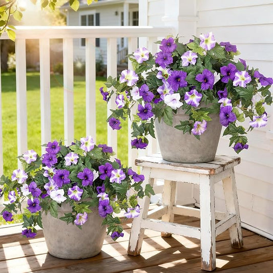 Ammyoo 4 Pcs Artificial Fake Petunia Flowers for Outdoor Decoration, Faux Silk Petunias Flower for Spring UV Resistant No Fade Realistic Plants for Garden Balcony Yard Porch Indoor Decor(Purple White)