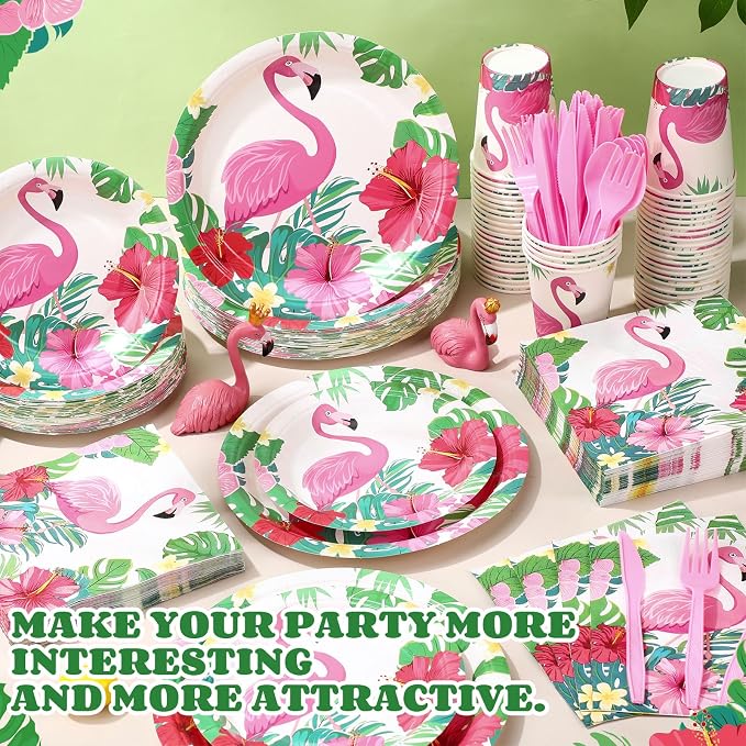 Funnymoom 400 Pcs Hawaii Flamingo Party Supplies for 50 Guests Tropical Flower Disposable Plates Napkins Cups Spoons Forks Knives for Summer Beach Birthday Hawaii Decorations